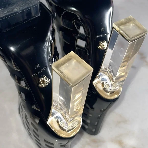 Versace Black Patent Leather Plexiglass PVC Platform Cutout Caged Boots Moody - Picture 15 of 17